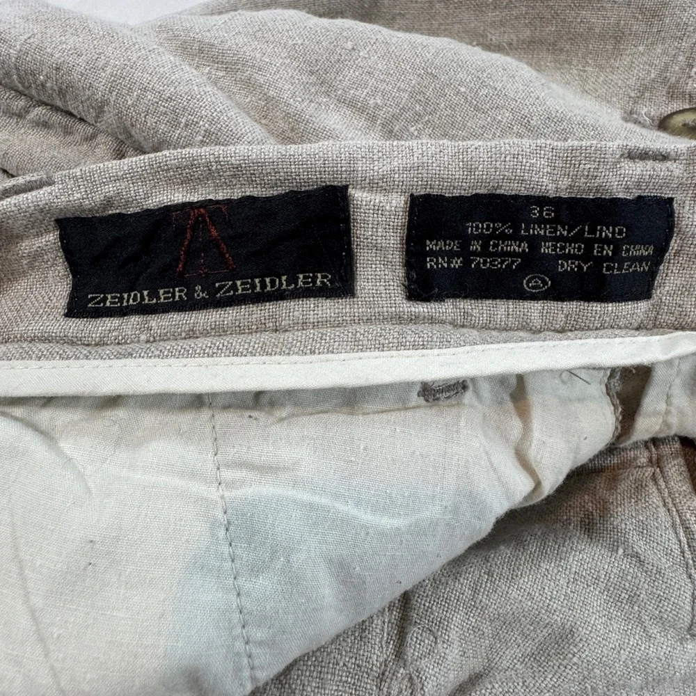 Zeidler & Zeidler 100% Linen Pleated Cuffed  Leg Pants Men's 36 Beige Oatmeal